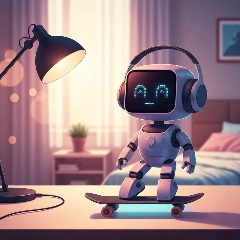 The emo robot sitting on a high-tech desk setup with glowing LED eyes and a skateboard-style charging base.