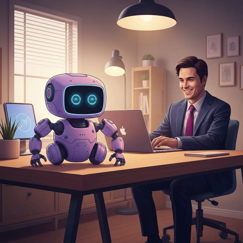 A sleek, modern robot companion with expressive digital eyes interacting with a young adult in a cozy smart home setting.