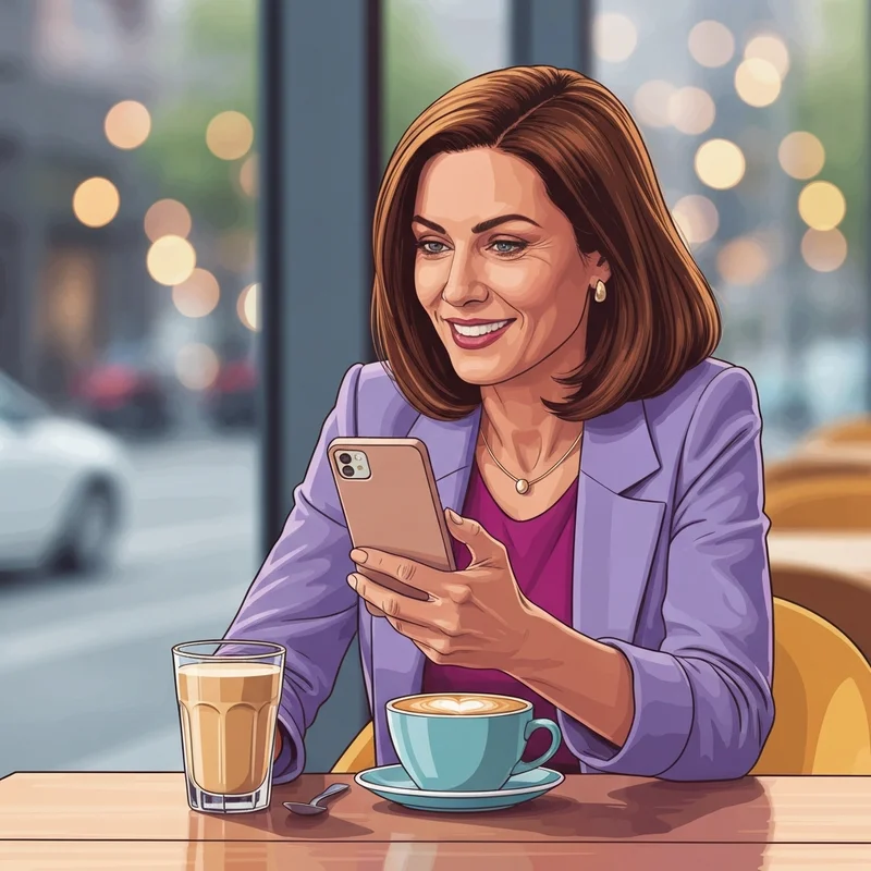 A young professional woman smiling at her phone while using a dating advice ai app in a cozy cafe.