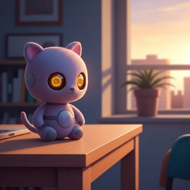A sleek modern apartment with a soft-glowing ai pet robot sitting on a desk, providing a sense of warm companionship to its owner.