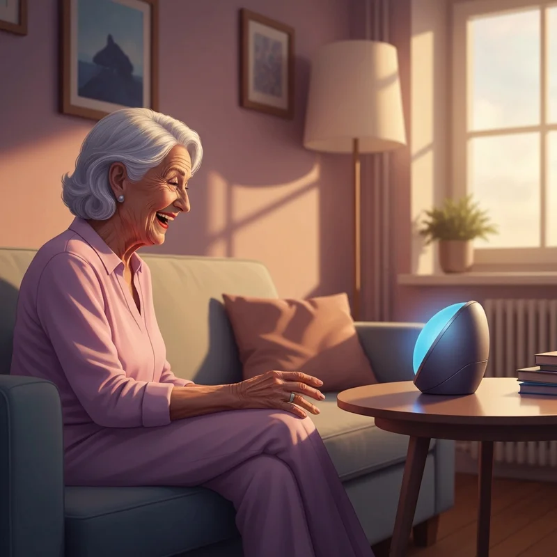 A serene living room where an elderly woman smiles while interacting with a friendly-looking, glowing digital AI companion on a tablet, representing robots for seniors.