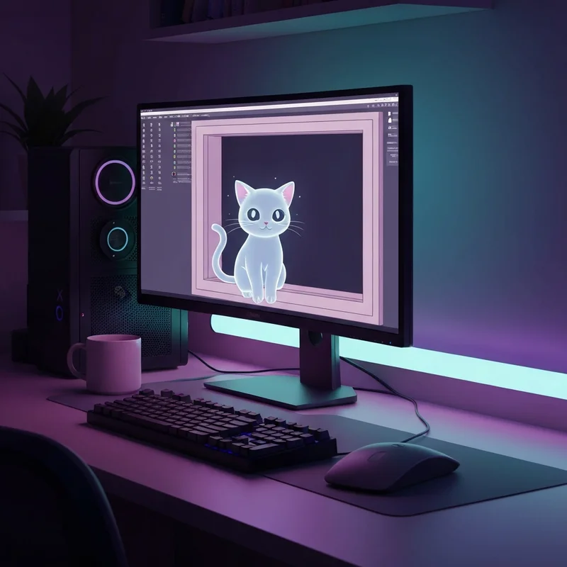 A cozy digital sanctuary featuring a translucent glowing holographic ai desktop pet app on a dual-monitor setup with neon purple lighting.
