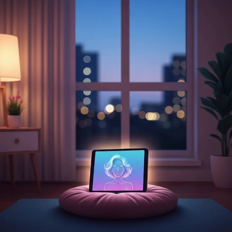A serene, dimly lit room with a soft glowing screen showing a stylized digital companion, representing a free ai sex bot experience.