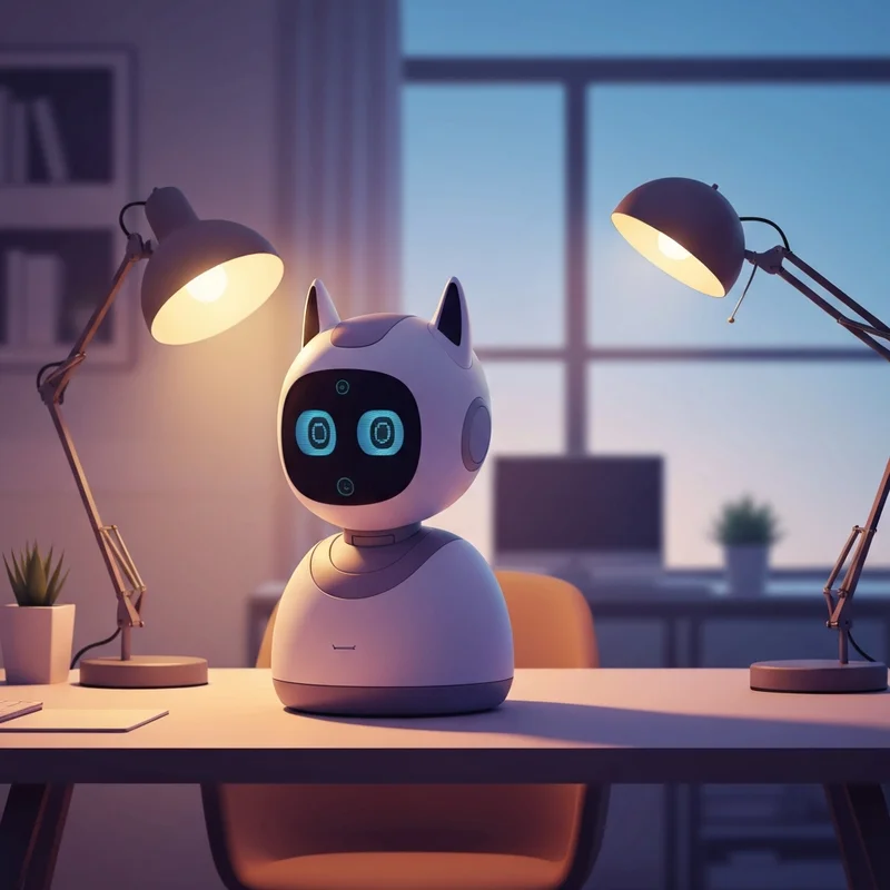 A futuristic ai pet robot with glowing expressive eyes sitting on a modern wooden desk next to a laptop.