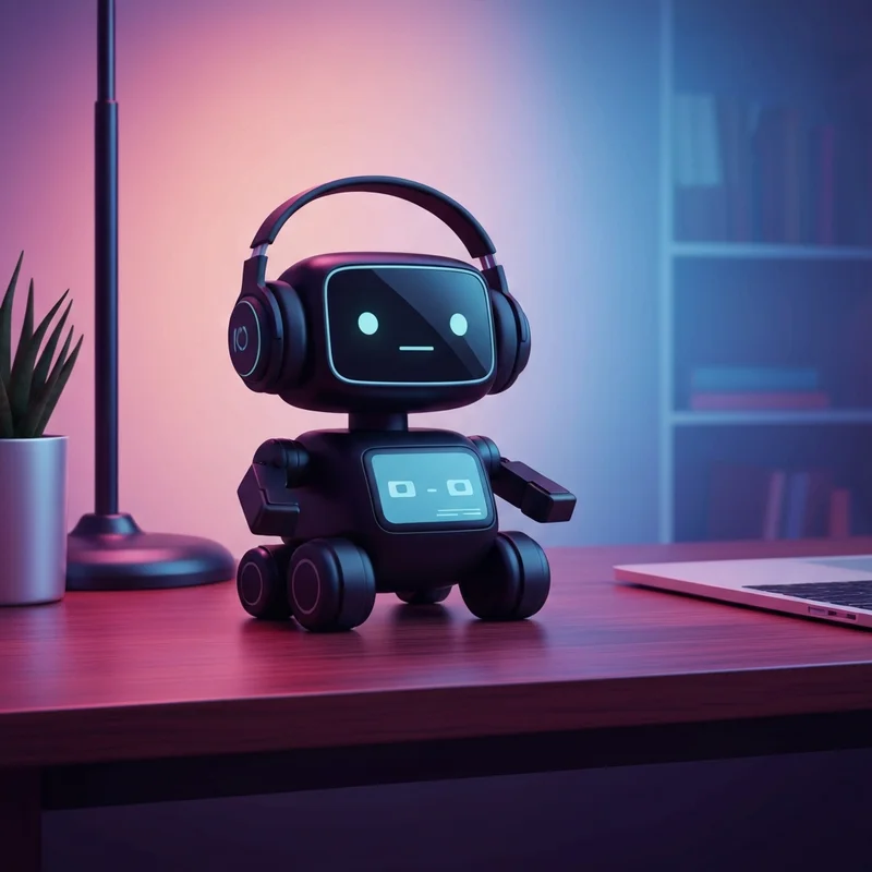 The emo desk robot sitting on a modern gaming desk next to a neon smart lamp, looking up with large digital eyes.