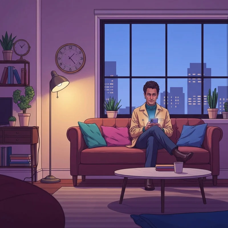 A person sitting comfortably in a dimly lit room, looking at their smartphone with a serene expression, reflecting the supportive nature of relationship ai chat.