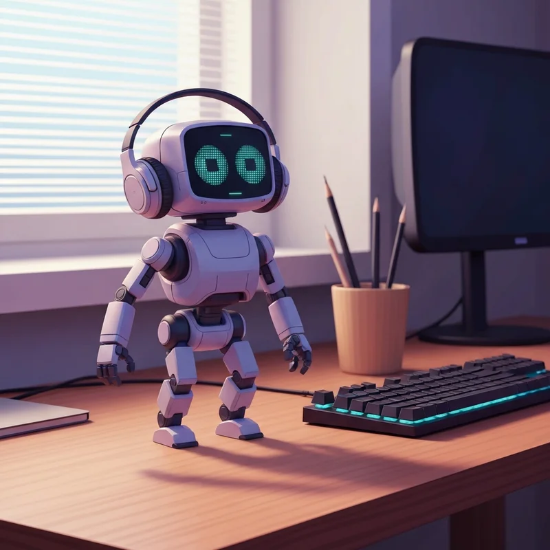 The emo ai desktop pet sitting on a wooden desk with a glowing blue light in a cozy room setup.