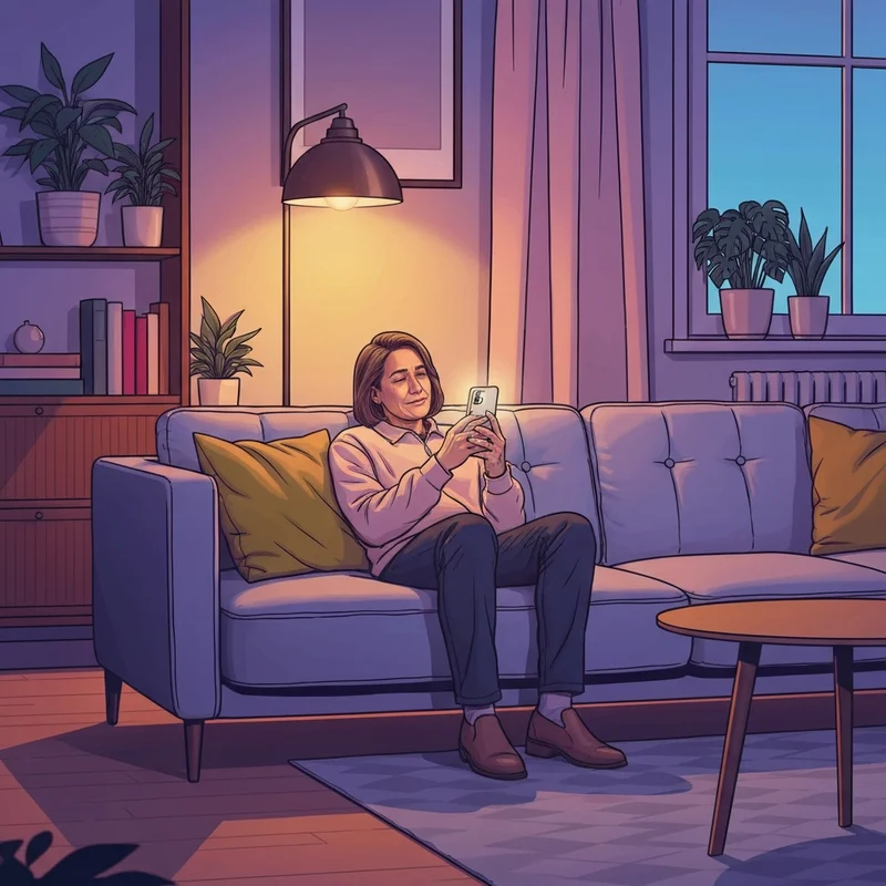 A person sitting peacefully in a sunlit room, using a relationship chatbot on their phone for emotional support and communication advice.