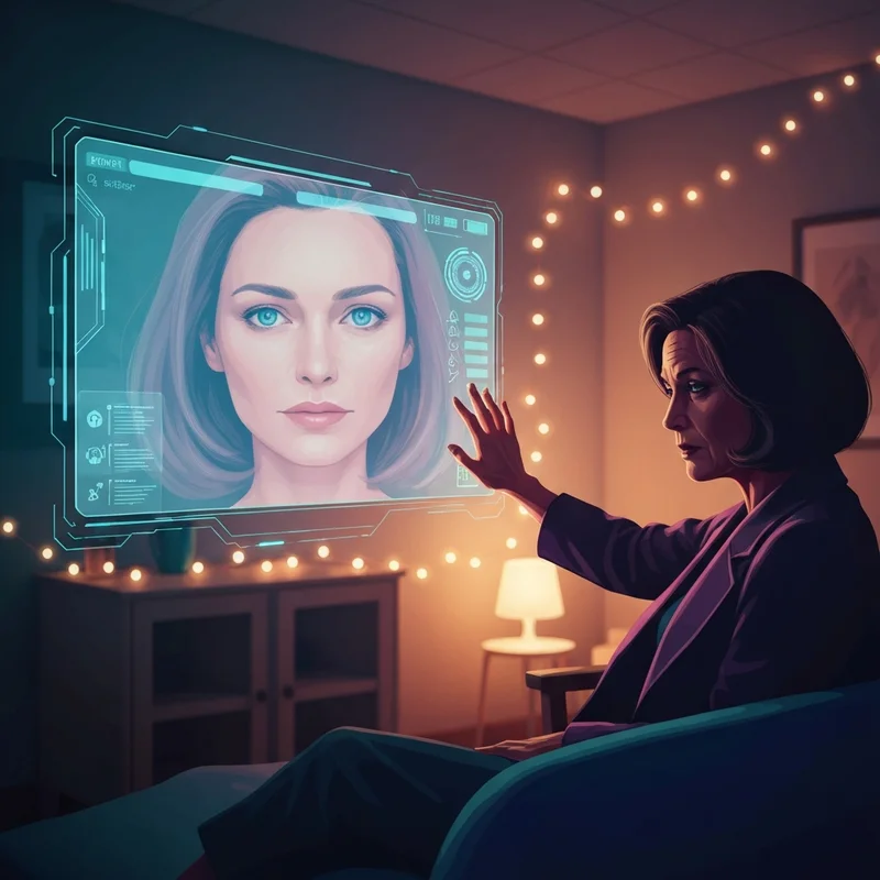 A soft, cinematic depiction of a person interacting with a glowing digital companion interface in a cozy room, highlighting the connection of replika ai nsfw.