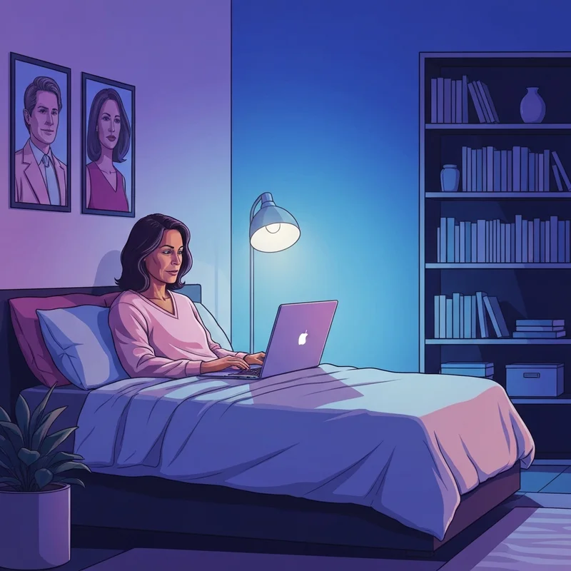 A young woman sitting in a dimly lit room, glowing laptop screen illuminating her face as she explores a free sext ai platform.