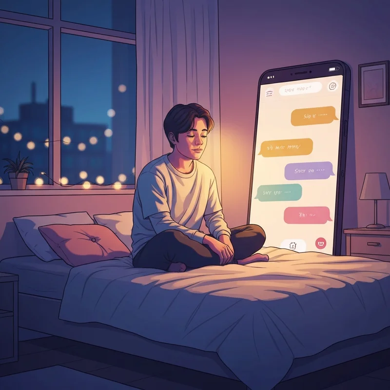 A young adult sitting on a comfortable sofa in a dimly lit room, smiling softly at a glowing smartphone screen reflecting a warm digital interface of a girlfriend chatbot.