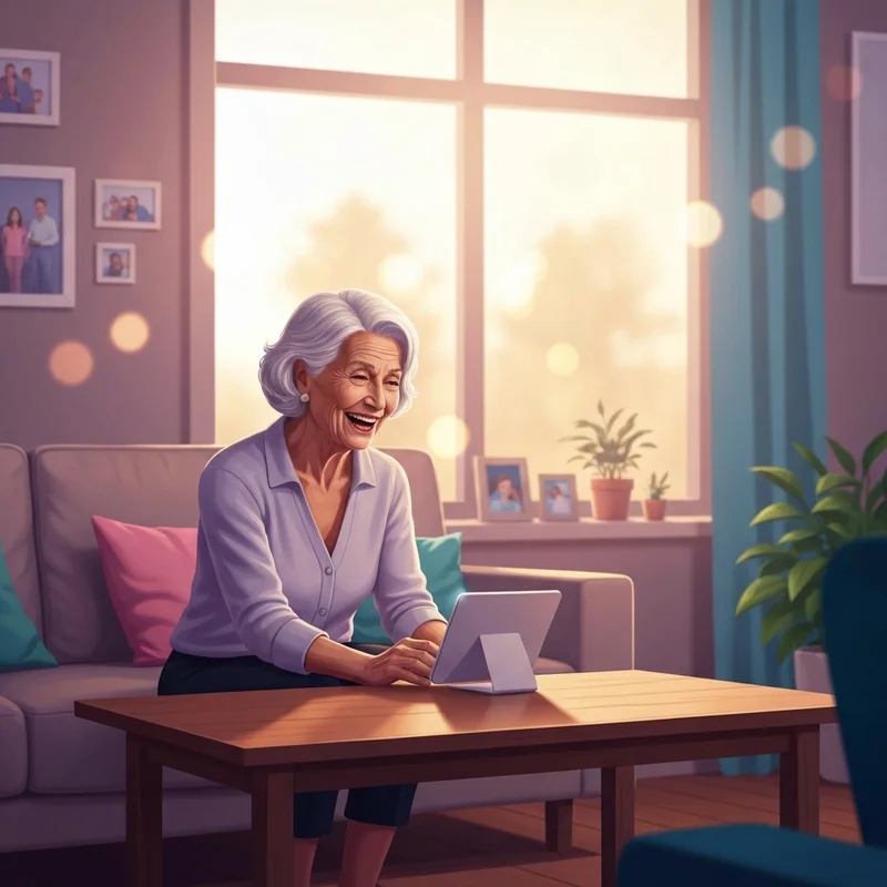 A serene, elderly woman sitting comfortably in a sunlit living room, smiling as she interacts with a modern AI companion device on a side table.