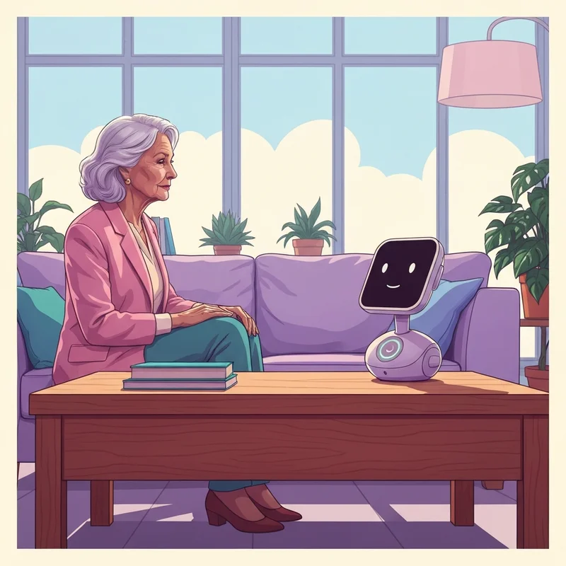 A serene older woman sitting in a sunlit living room, smiling as she interacts with a sleek companion robot elderly device on her coffee table.