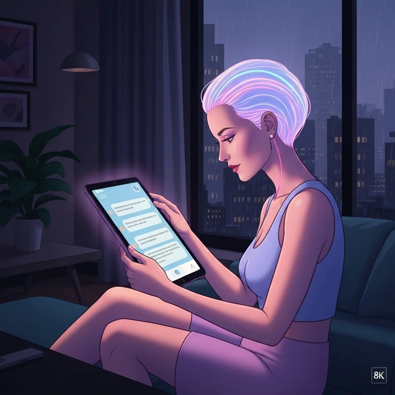 A high-fidelity digital illustration of a customizable avatar glowing with neon accents, sitting in a dimly lit cyberpunk room, showcasing a free ai sext chat interface on a futuristic tablet.