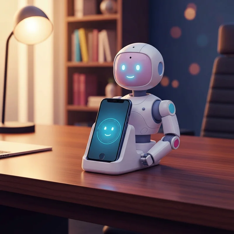 A futuristic phone charging desktop robot with glowing digital eyes docked on a minimalist desk, cinematic lighting.