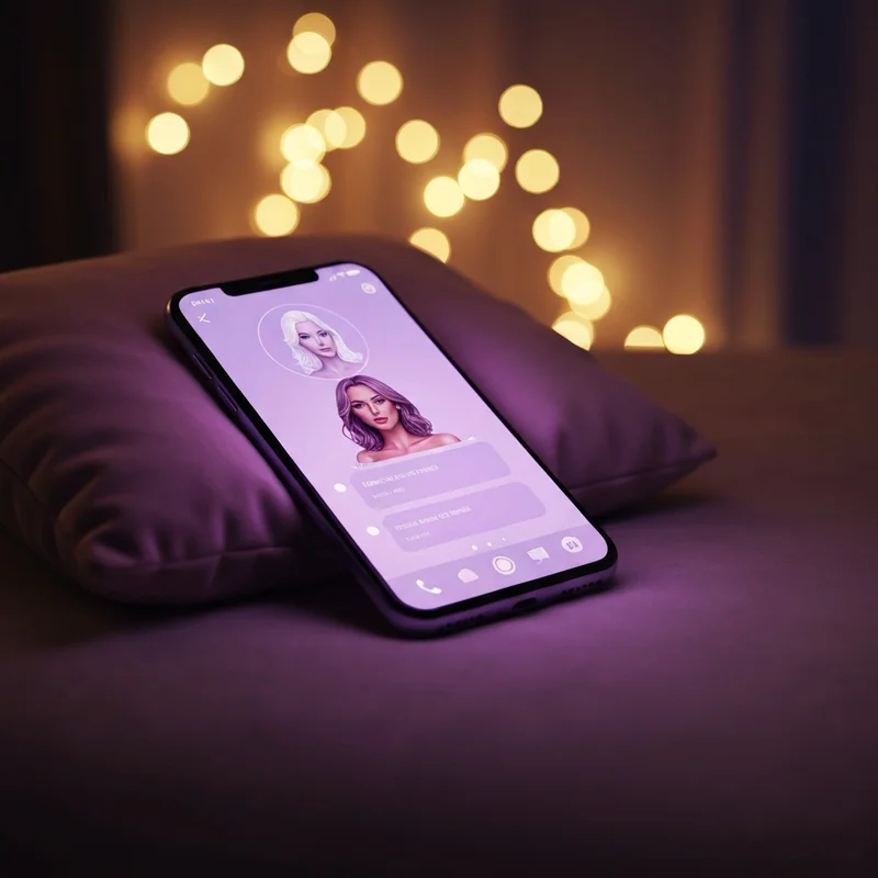 A soft-lit digital bedroom showing a glowing smartphone screen with a romantic AI avatar and a 'replika ai nsfw example' prompt, representing digital intimacy and emotional safety.