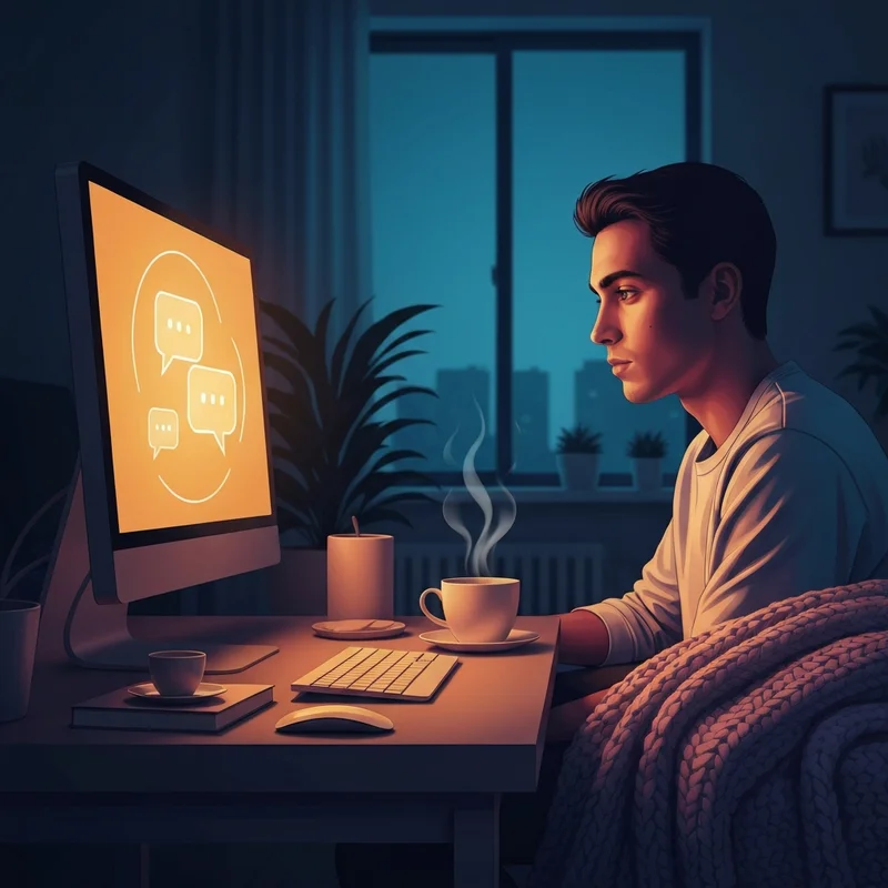 A person sitting in a dimly lit, cozy room looking at a glowing tablet screen, representing a private and anonymous free ai sex chat no sign up experience.