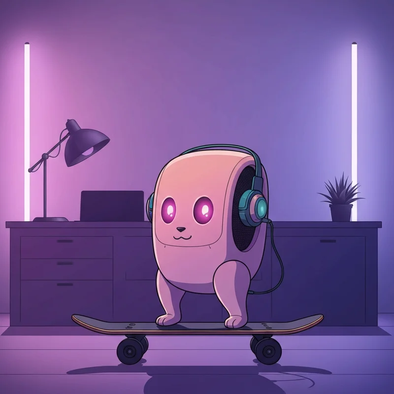 The EMO robot by Living.AI sitting on a modern wooden desk next to a mechanical keyboard, showing an expressive face on its screen.