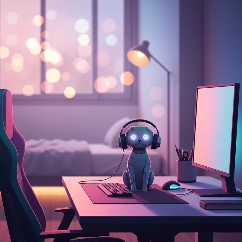 A sleek, high-tech hey emo robot sitting on a modern desk setup with RGB lighting.