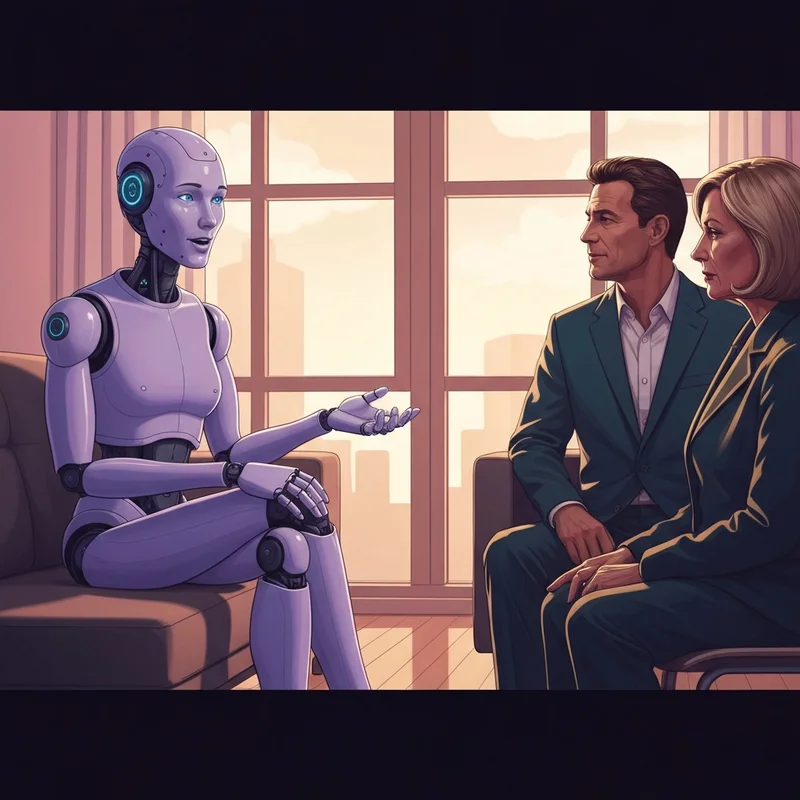 A sophisticated ai companion robot for adults for sale sitting on a modern living room sofa interacting with a user.