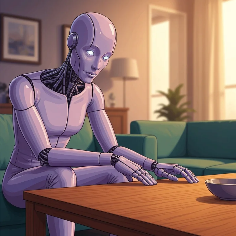 A soft, cinematic view of a futuristic humanoid robot sitting on a couch in a cozy, sunlit living room, engaging in a gentle conversation with a person, representing robots for companionship.