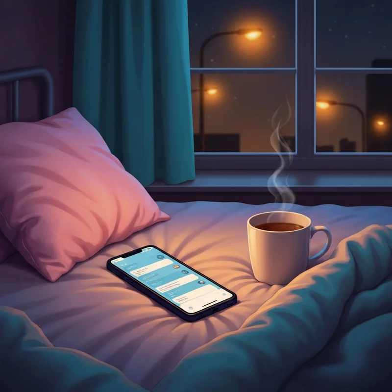 A cozy, dimly lit bedroom at night with a glowing smartphone screen showing an ai boyfriend online free no sign up unlimited messages chat.