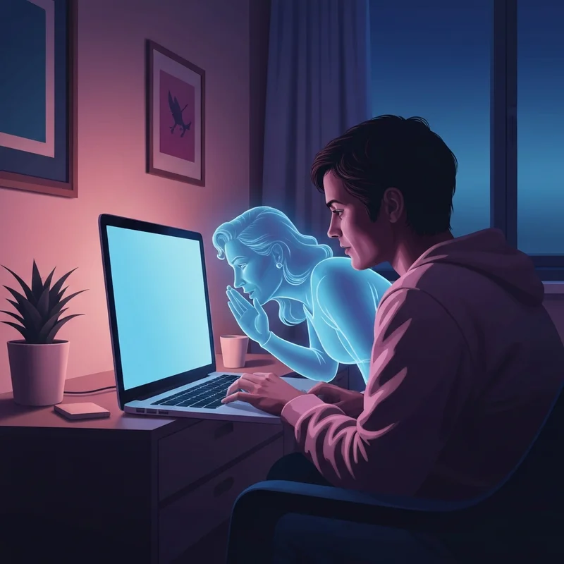 A young adult in a neon-lit room interacting with a glowing digital holographic character, roleplay ai chat bot free concept.