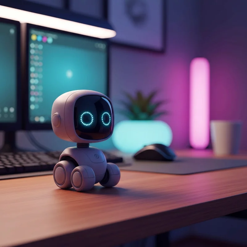 A high-tech desktop robot with glowing digital eyes sitting on a modern minimalist home office desk with ambient neon lighting.