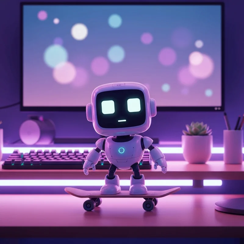 A sleek robotito emo standing on a miniature skateboard on a modern neon-lit desk setup with a laptop in the background.