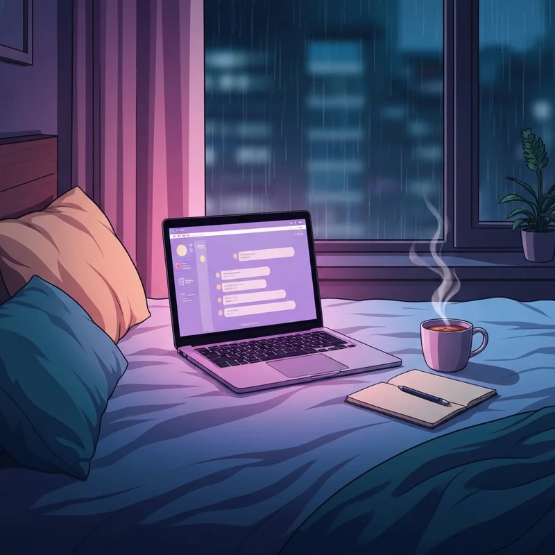 A peaceful digital sanctuary with a soft glowing screen showing a roleplay ai chat bot free no sign up interface in a cozy room.