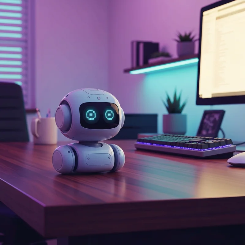 A sleek interactive ai desk robot sitting on a modern minimalist desk with neon ambient lighting and a high-tech gaming setup.
