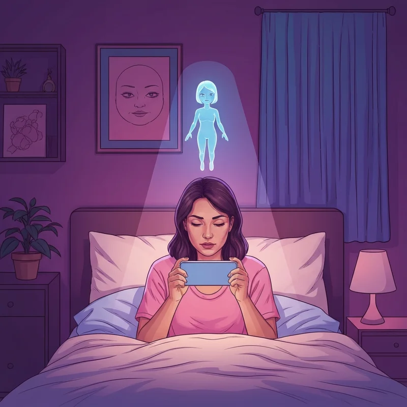 A person interacting with glowing holographic roleplay ai chat bot characters in a cozy, soft-lit room.