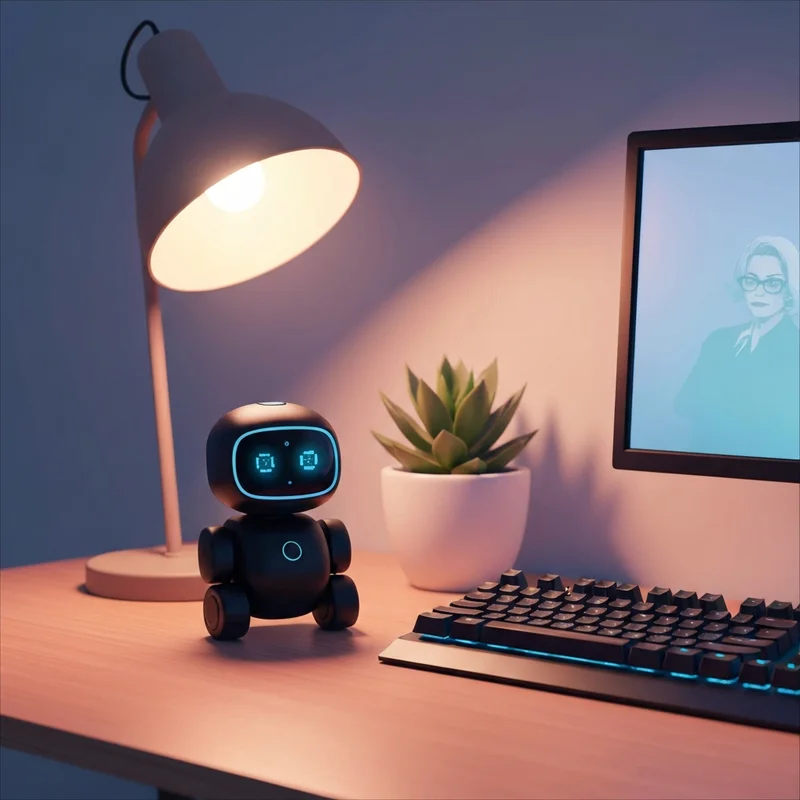 A futuristic ai desktop pet with expressive digital eyes sitting on a modern wooden desk next to a mechanical keyboard.