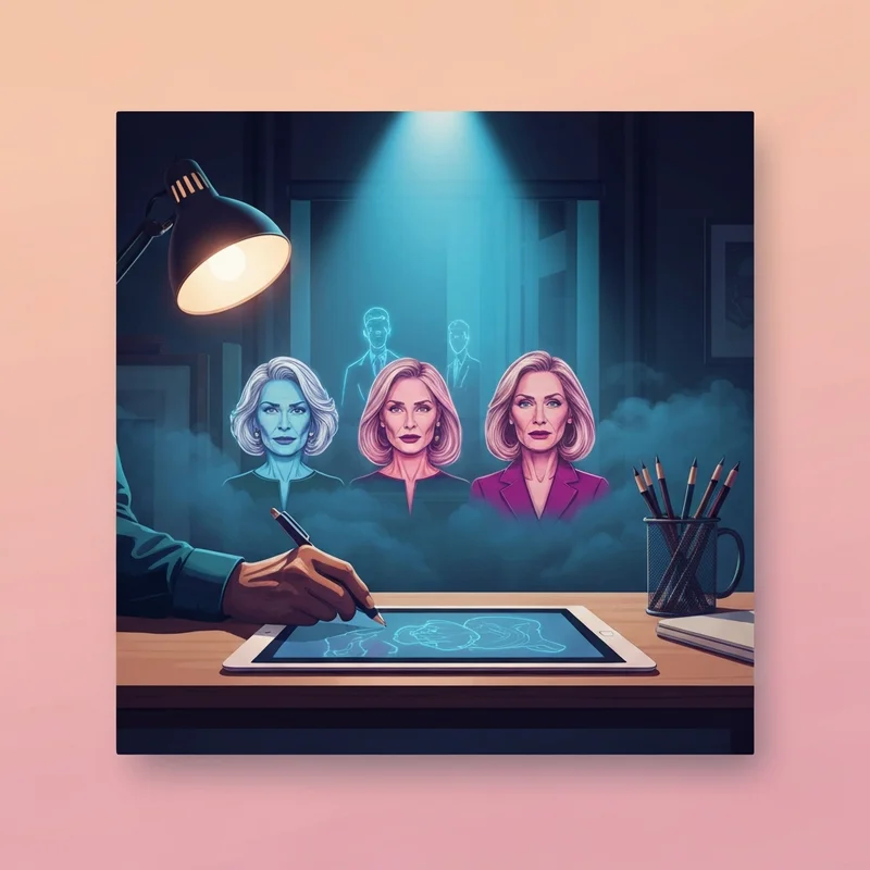 A creative workspace with a glowing digital screen displaying a roleplay generator interface and various character sketches.