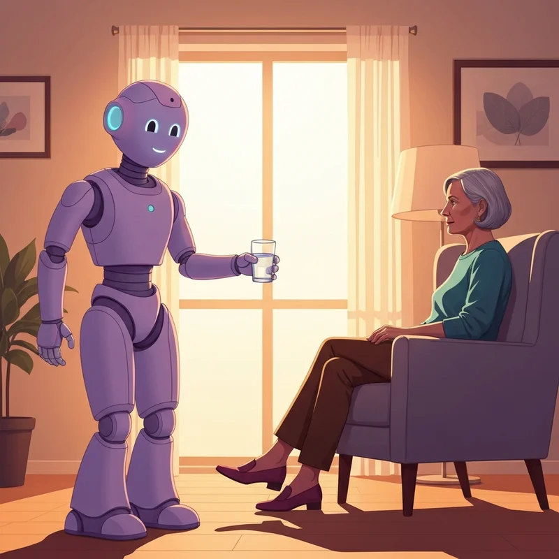 A soft-textured care robot gently assisting an elderly person in a cozy living room, symbolizing safety and companionship.