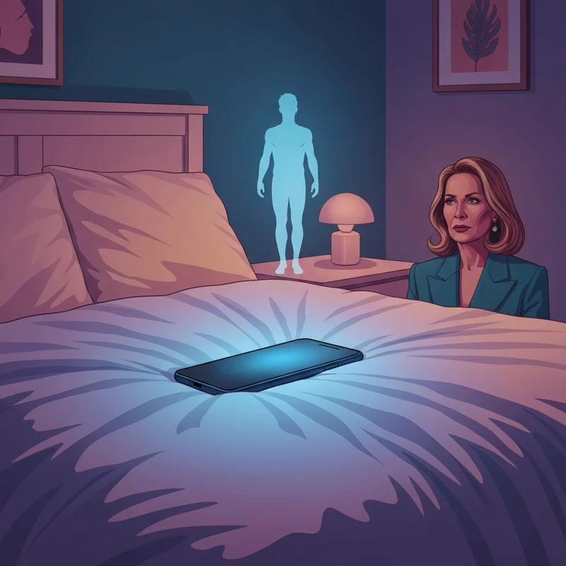A cinematic scene of a young person in a cozy, dimly lit bedroom, looking at a smartphone screen that glows with a soft blue light, showing a holographic anime-style male figure appearing as a gentle, comforting presence.