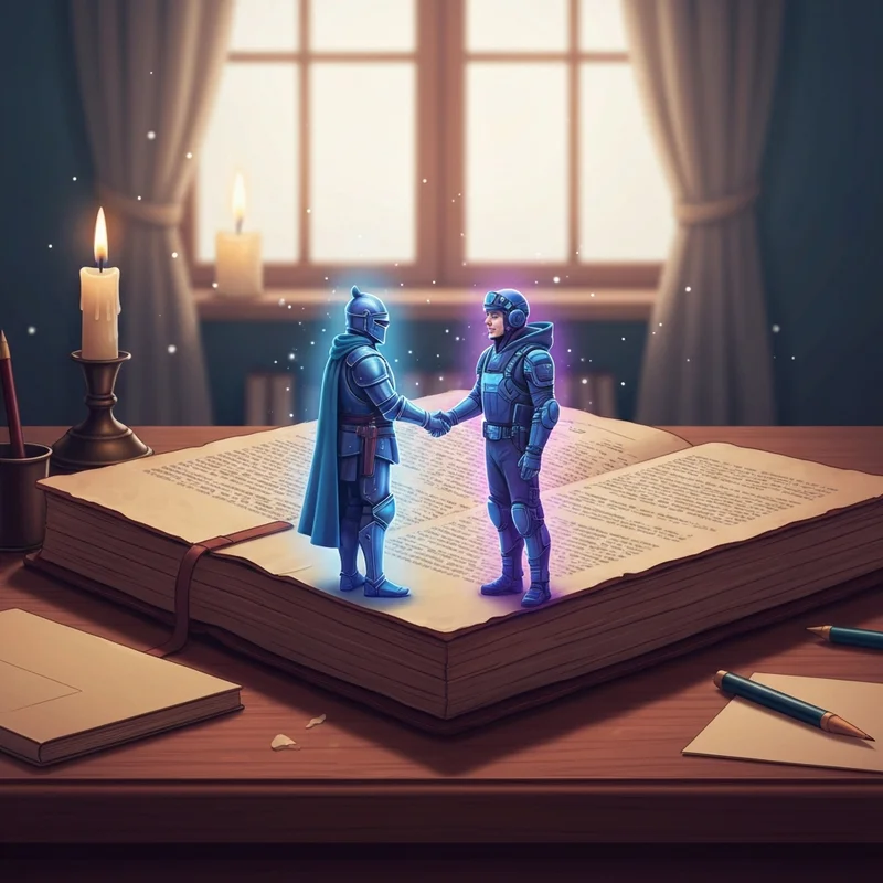 A mystical open book with glowing holographic characters and starships emerging from the pages, representing an rp plot generator.