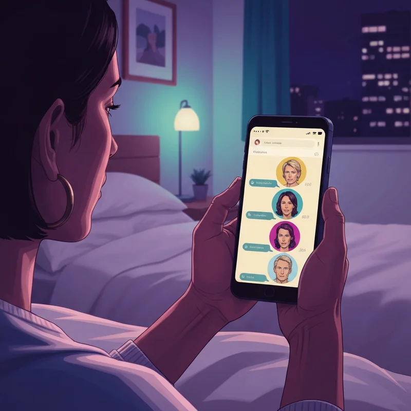 A young adult sitting in a cozy, dimly lit room with neon accents, focused intently on a glowing smartphone screen displaying an ai character chat interface.