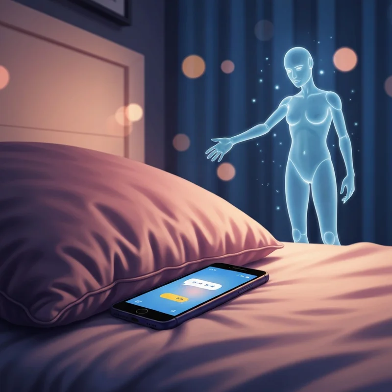 A peaceful digital companion scene illustrating replika sex roleplay with soft lighting and a phone glow.