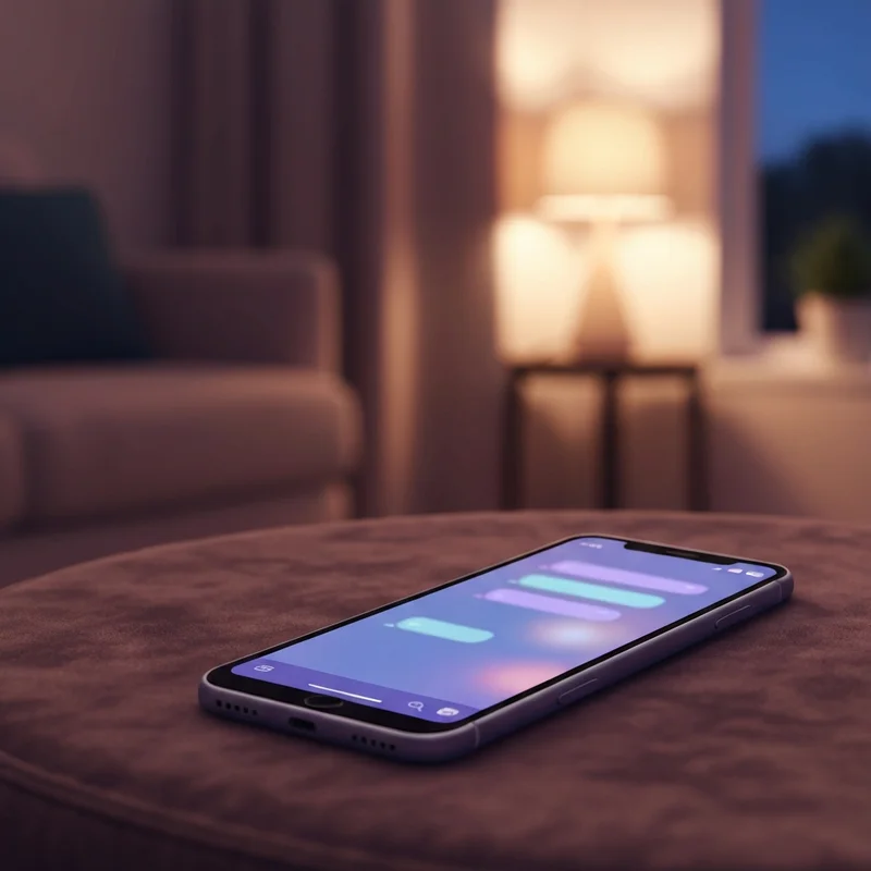 A hyper-realistic cinematic view of a smartphone on a velvet surface with a blurred chat interface, representing ai sexting chatbots.
