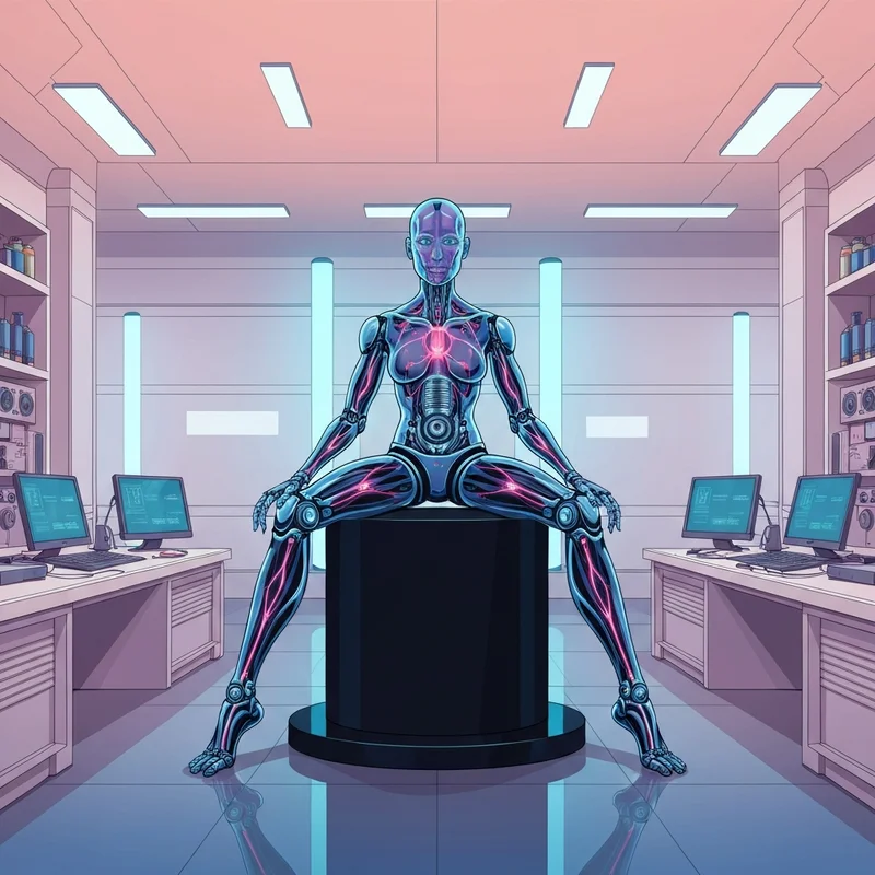 A high-tech research lab featuring sleek, humanoid adult robots with realistic synthetic skin and glowing blue circuitry highlights.