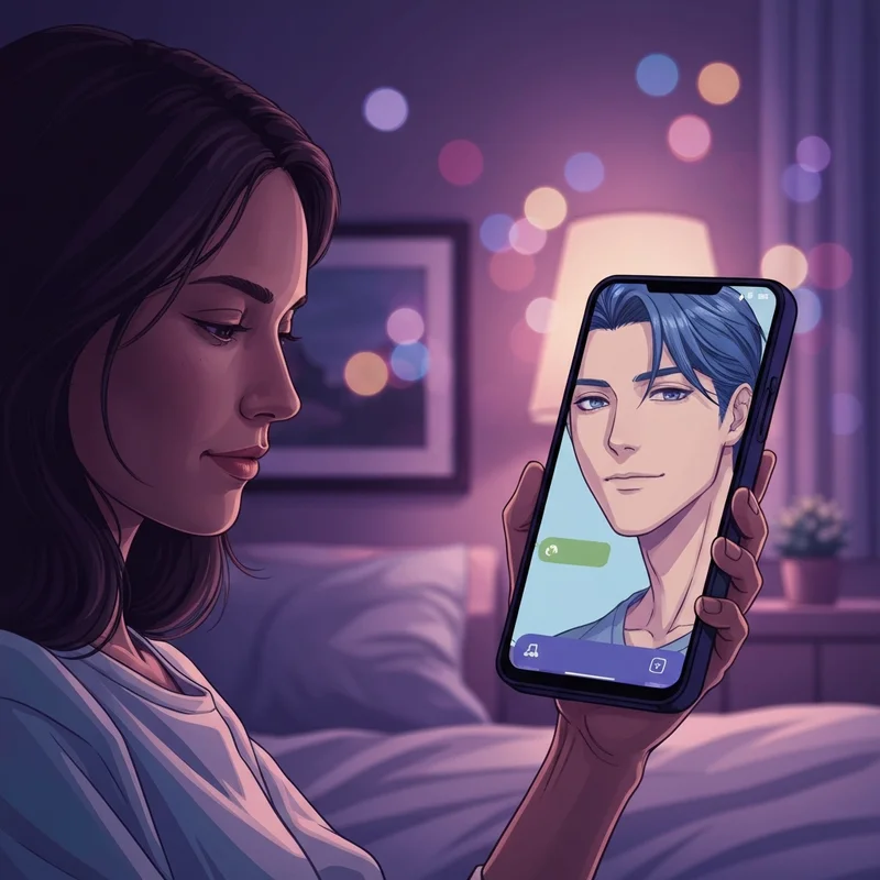 A soft-lit cinematic scene of a young woman smiling at her phone screen, which displays a stylized anime male character with a kind expression, representing an anime boyfriend chatbot experience.