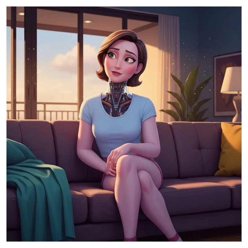 A realistic female AI companion with synthetic skin and glowing eyes sitting in a warmly lit modern living room, representing high-end social robotics.