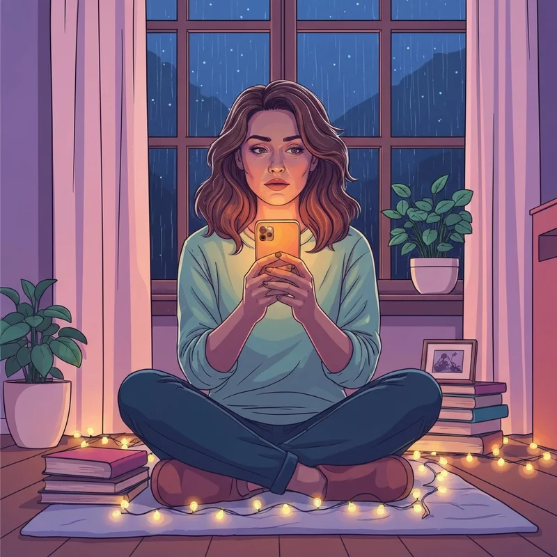 A young woman sitting in a cozy, dimly lit room, smiling softly at the glowing screen of her phone while exploring roleplay apps for creative writing.