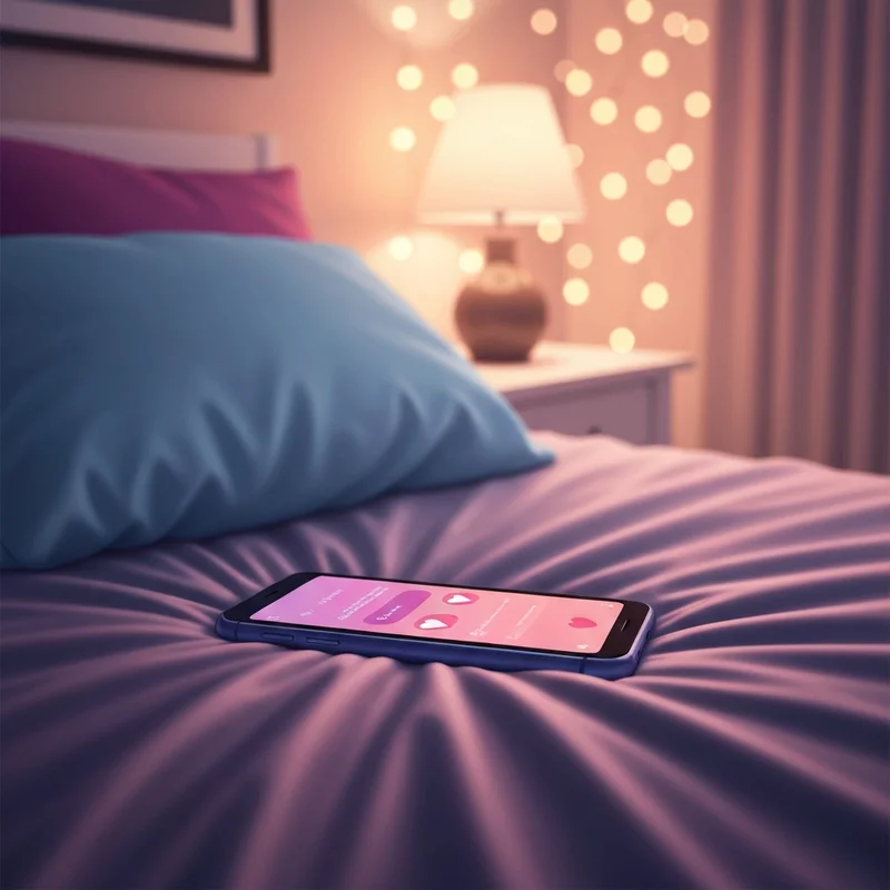 A cozy, dimly lit bedroom scene showing a smartphone on a nightstand displaying a glowing heart and chat bubbles, representing the ai bf no sign up experience.