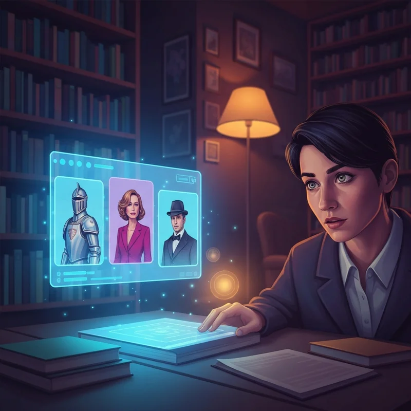 A diverse group of imaginative characters in a futuristic library using a roleplay scenario generator to create digital worlds.