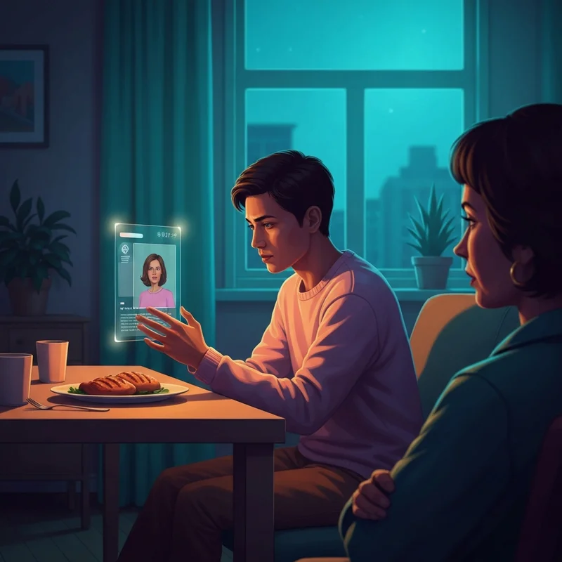 A cinematic, atmospheric scene showing a person interacting with a glowing digital spicy char interface in a cozy, modern room.
