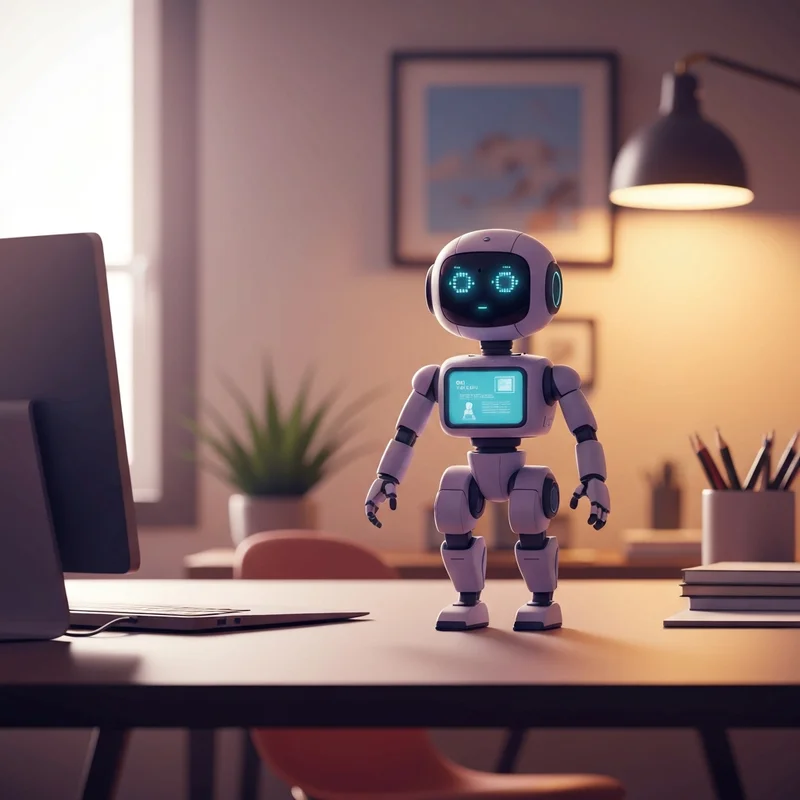 A high-tech desk robot with expressive digital eyes sitting on a modern wooden desk next to a laptop and plants.