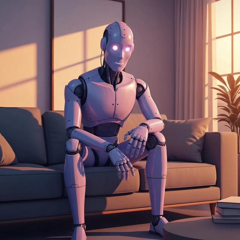 A sophisticated robot companion for adults sitting in a cozy, modern living room under warm lighting.