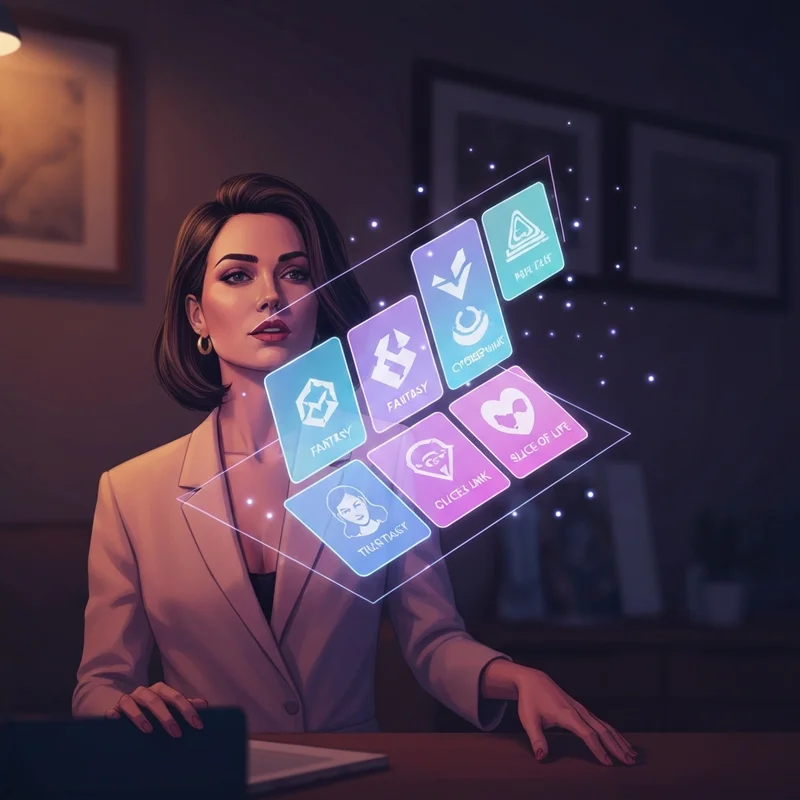 A young creative woman interacting with a glowing holographic character ai scenarios generator interface showing various roleplay genres like fantasy and sci-fi.